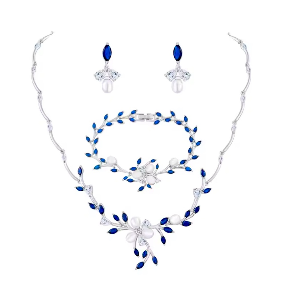 Wedding / formal / bridal blue Zircon Pearl Vine Necklace Bracelet/Earrings Set